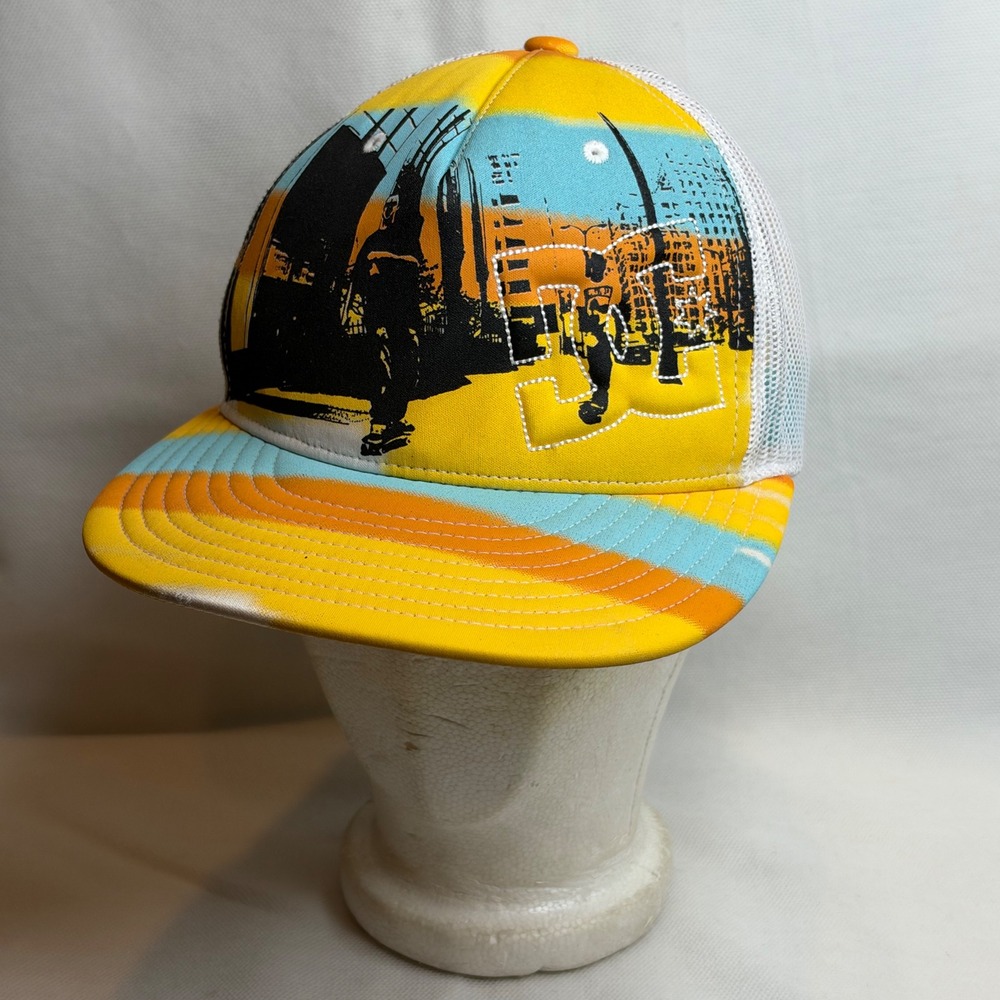 VTG 90's DC Shoes City Boarders Hat Puff Logo SnapBack Skate Trucker Yellow Cap